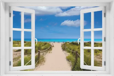Produktbild von Wallario Wandbild mit Fenster-Illusion: Sandweg zum blauen Meer mit blauem Himmel, Größe: 61 x 91,5 cm, Poster mit rahmenlosen Bildhalter
