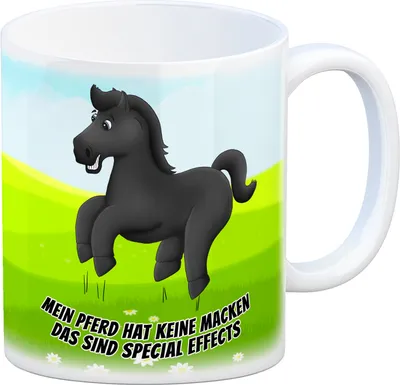 Produktbild von Kaffeebecher mit schwarzes Pferd Motiv und Spruch: Mein Pferd hat keine Macken,