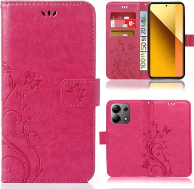 A collage of images showing a pink flip phone case with a floral and butterfly design, including views of the case open with cards and money inserted, and a view of the back with a camera cutout.