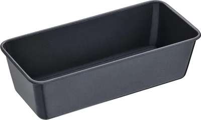A dark gray loaf pan is shown from a diagonal, slightly elevated angle against a white background.