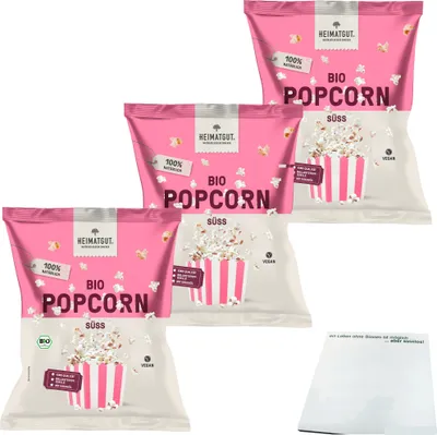 Produktbild von Heimatgut Popcorn Süß 3er Pack (3x90g Beutel) + usy Block