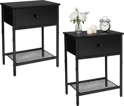 Immagine prodotto di Set di 2 comodini Relaxdays, con cassetto e ripiano, LxPxA: 55x40x30 cm, stile moderno, effetto legno, metallo, comodino, nero