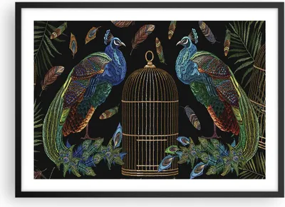 Produktbild von Gerahmtes Poster - Schwarzer Rahmen - Pfauen Gold Käfig - 70x50 cm - Wand Bild - Wanddeko - Wandbilder - Kunstposter - Wandposter - Bilderrahmen - Bilder - Kunstdruck - P2BAA70x50-4390