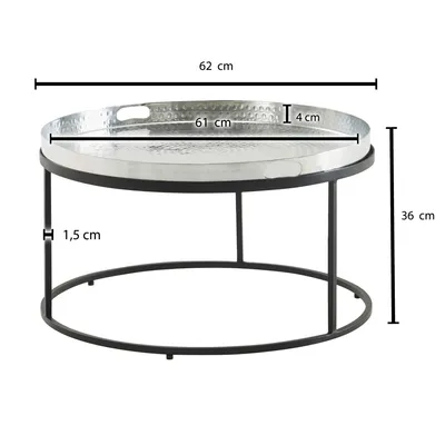 Image de FineBuy Table basse en métal argenté martelé 62 x 62 x 36 cm Table de salon en aluminium Table de salon avec plateau amovible Table d'appoint ronde pour le salon