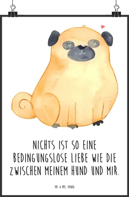 Produktbild von Mr. & Mrs. Panda Bild Mops DIN A2 - Weiß - Geschenk, kunstdruck poster, Hund, Sprüche, Knuffig, Pure Liebe, wandkunst, drucke, Plakat