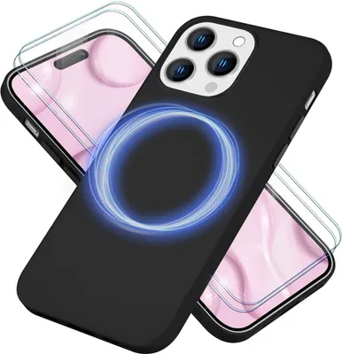 Produktbild von MagSafe Hülle mit 2x Schutz Glas für iPhone 14 Pro, Easy Clean Silikon Cover Schwarz