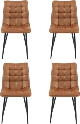 Four brown dining chairs with black legs are arranged in a grid on a white background.