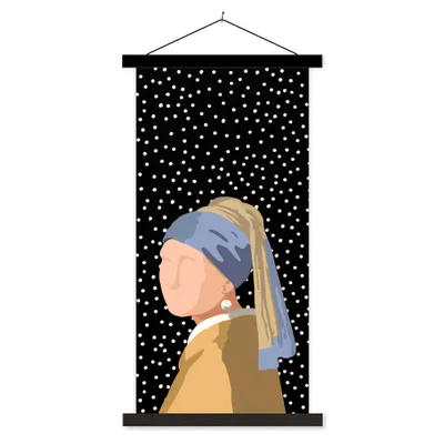 Produktbild von MuchoWow® Textilposter Alte Meister - Mädchen mit Perlenohrring - Tupfen - Schwarz 90x180 cm mit schwarzem Rahmen - Dekoration Wohnzimmer