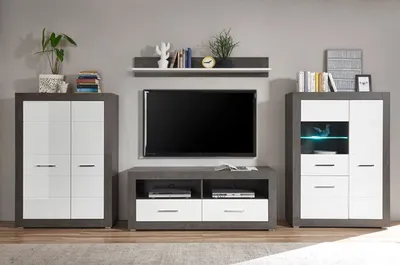 Produktbild von Etero Wohnwand 350cm dark concret / weiß Hochglanz Highboard Modern