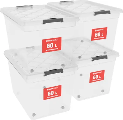 Produktbild von ATHLON TOOLS 4x 60 L Aufbewahrungsboxen mit Deckel, lebensmittelecht - Verschlussclips - 100% Neumaterial Plastik-Box transparent