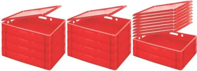 Produktbild von SparSet 10x Eurobehälter Fleischerkasten E1 mit Auflagendeckel | HxBxT 12,5x40x60cm | 25 Liter | Rot | Fleischerkiste, Fleischkiste, Metzgerkiste, Fleischbehälter