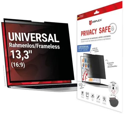 Produktbild von Displex PRIVACY SAFE Wiederablösbarer 2-Wege Blickschutzfilter für Laptop/ Notebook (randlos/frameless) 13,3'' (16:9), 33,8 cm (13.3"), 16:9, Laptop, Rahmenloser Blickschutzfilter, 3H, Glänzend