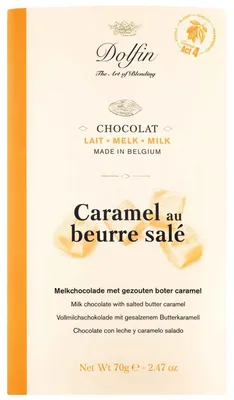 Produktbild von Dolfin Vollmilchschokolade, mit Karamell und gesalzener Butter 70 gr.