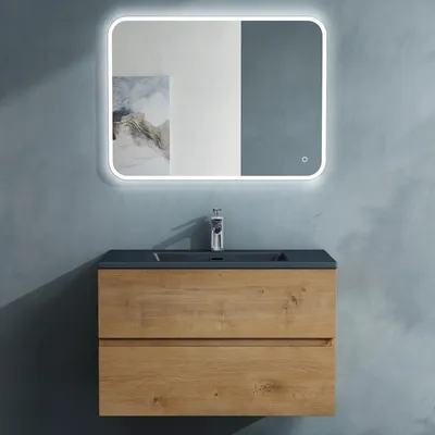Image de doporro Meuble de Salle de Bain Suspendu Aspect de Chêne 80x48x50cm Ensemble de 3 Pièces Meuble avec Lavabo Gris Noir Mat Solid Surface et LED Miroir Design Aqualis