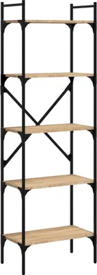 A tall, narrow bookshelf with five shelves.