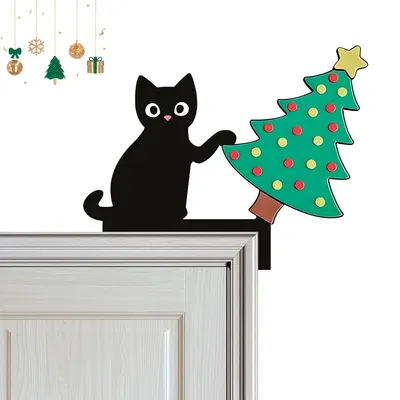 Produktbild von Türrahmen Weihnachtsdeko,Schwarze Katze Weihnachtsbaum,Creative Türecke Dekoration aus Holz,für Wände Türen Fenster Weihnachtsecktürrahmen Deko