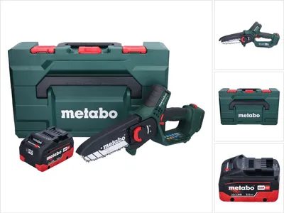 A collage of images showing a Metabo cordless chainsaw, its case, and a battery pack.