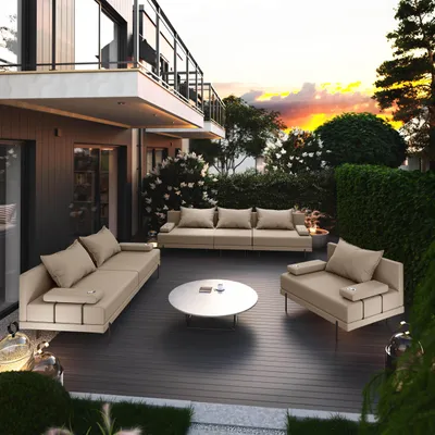 Produktbild von Gartenmöbel set Bahama Beige 6 Personen Gartenlounge 3-teilig. Terassenmöbel mit Eisenrahmen Wasserabweisend Stoff 3-sitzer + 2-sitzer sofa, Sessel