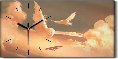 Produktbild von Dekor Leinwand Uhr Wandbilder 60x30 Vogelförmige Wolke im Sonnenuntergang - schwarze Hände