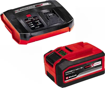 A black and red Einhell battery charger and a red Einhell battery are shown against a white background.