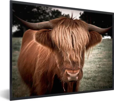 Produktbild von MuchoWow® Gerahmtes Poster Schottischer Highlander - Baum - Gras 80x60 cm - Poster mit Schwarzem Bilderrahmen Wandposter Rahmen Foto Bilder - Schwarzem - Mit Gestell