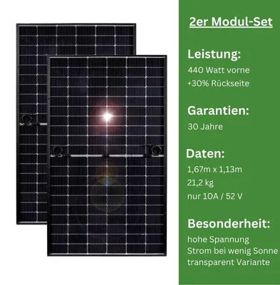 Produktbild von MYVOLTAICS 2x 440+ Watt Premium Hochleistungsmodule – Doppelglas transparent Variante zur Stromerzeugung von beiden Seiten (bifazial)