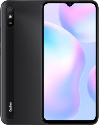 A black Xiaomi Redmi 9A smartphone is shown from the back and front.