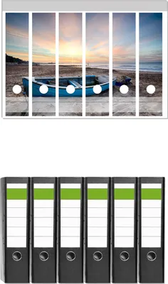 Produktbild von Wallario 6 Stück breite Ordner inkl. Klebeetiketten mit Motive Fischerboot am Strand bei Sonnenuntergang -  Set mit Rückenschildern / Ordnerrücken Stickern