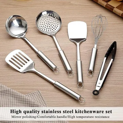 Produktbild von 6-teiliges Kochbesteck-Set aus Edelstahl, bestehend aus Pfannenwender, Schaumlöffel, Suppenkelle, Küchenzange, Schneebesen und Spatel – spülmaschinenfest, mit Aufhängeösen