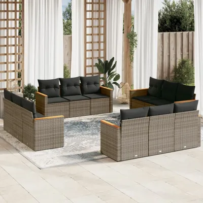 Produktbild von Design 12-tlg. Garten-Sofagarnitur mit Kissen Grau Poly Rattan, Gartenmöbel-Sets 2024 Neu