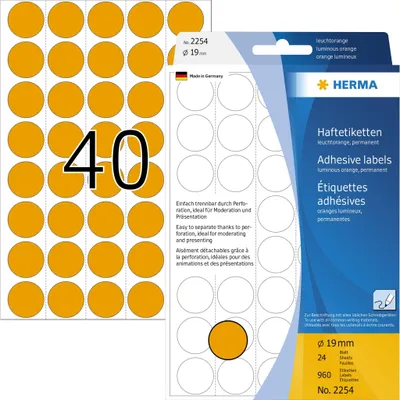 Image de Étiquettes universelles orange vif, rondes, en papier mat, ø 19 mm, 960 pièces