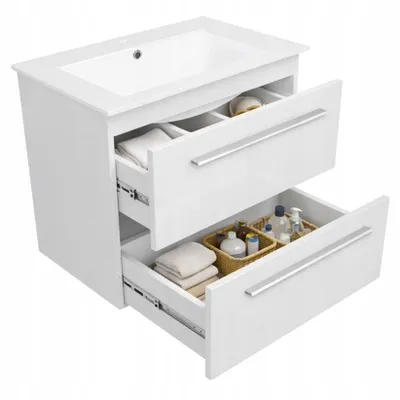 Produktbild von paplinskimoebel Waschbeckenunterschrank Badmöbel Keramikwaschbecken Unterschrank Soft-Close 60x40x50 Weiß Lackiert Glänzend Schublade Wandschrank