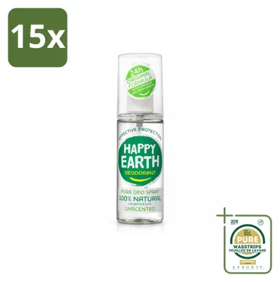 Obrázek produktu pro 15 kusů deodorantu Happy Earth Pure ve spreji – bez parfemace – 100 ml – balení