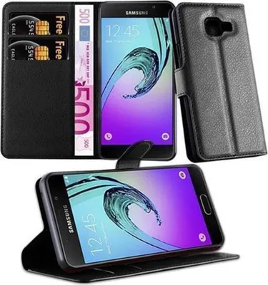 A collage of images showing a black flip phone case for a Samsung Galaxy A3 2016, with a phone inside and some currency and cards.