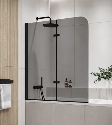 Produktbild von Badplaats Duschwand für Badewanne Austin 110 x 140 cm Schwarz - Drehbare Duschtrennwand mit 5 mm ESG Rauchglas, Nano-Beschichtung