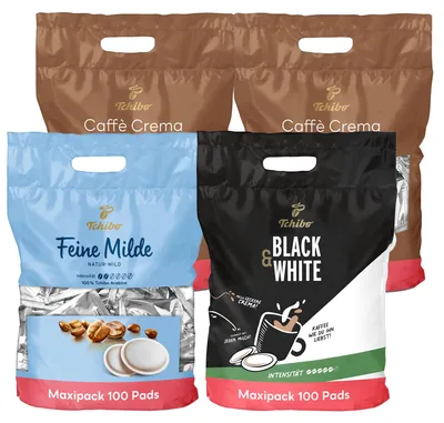 Produktbild von Tchibo Kaffeepads Probierset Vorratspack Maxipack, Feine Milde (1x), Caffè Crema vollmundig (2x) & BLACK&WHITE (1x), 400 Stück – 4x 100 Pads, nachhaltig, geeignet für Senseo Maschinen
