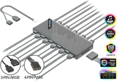 Produktbild von BRAINZAP 10 Port A-RGB + 3-PIN/4-PIN PWM Splitter Hub Lüfter Adapter Verteiler 120mm Case Fan 3-Pin 4-Pin LED