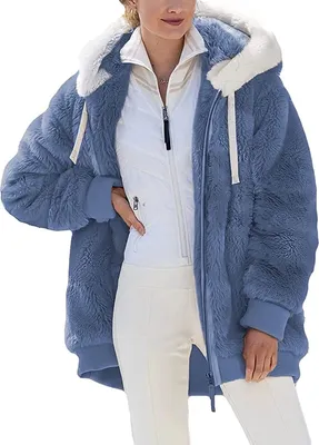 Produktbild von ASKSA Damen Fleecejacke Strickjacke Einfarbig Reißverschluss Kunstpelzjacke mit kapuze, B-Blau, L