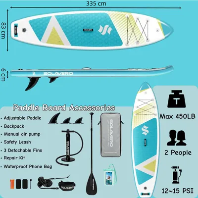Image de Planche de stand-up paddle (SUP) - Planche gonflable de 335 cm - Kit complet avec pagaie et pompe - Surface antidérapante en EVA - Adaptée pour la mer et les lacs - Couleur : WBSS