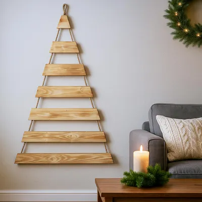 Produktbild von Weihnachtsbaum Adventskalender mit 24 Plätzen in geflammt Deko-Holzleiter in Weihnachtsbaum-Form zum Aufhängen Tannenbaum Leiter