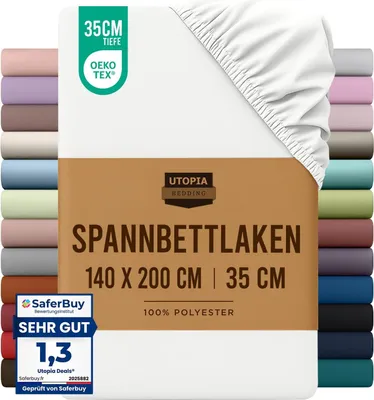 Produktbild von Utopia Bedding - Spannbettlaken 140x200cm - Weiß - Gebürstete Polyester-Mikrofaser Spannbetttuch - 35 cm Tiefe Tasche