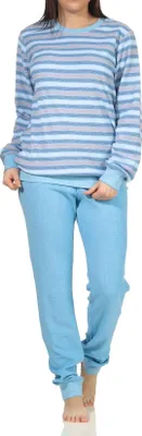 Produktbild von Damen Frottee Schlafanzug Pyjama mit Bündchen in Ringeloptik - auch in Übergrössen ; hellblau , 36