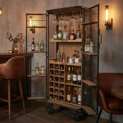 Produktbild von riess-ambiente Barschrank LOFT 150cm natur Pinienholz Metall Flaschenregal mit Gittertüren Vintage Look