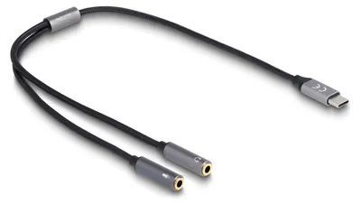 Produktbild von DeLOCK Headset Adapter USB Type-C Stecker DAC 24 Bit / 96 kHz Hi-Res zu 2 x 3,5 mm 3 Pin Klinkenbuchse, Kabel, Anthrazit, Schwarz