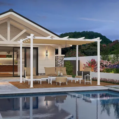 Produktbild von PURPLE LEAF Garten Pergola 3x4 m Aluminium Terrassenüberdachung, Weißer Rahmen mit beigem Schiebedach, stabiler Pavillon mit Markisenschutz