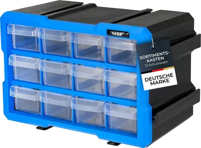 HMF Sortierbox für Kleinteile mit 12 Schubladen, erweiterbarer Sortimentskasten für Schrauben und Werkzeug, 24 Fächer, 29,5 x 19,5 x 16 cm, Blau-Schwarz