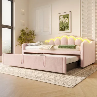 Produktbild von Tagesbett mit ausziehbarem Bett, Schlafsofa, Einzelbett (Ohne Matratze), Doppelbett, Samt, Farbwechselbarer LED-Streifen, 90x200cm(180x200cm), Rosa