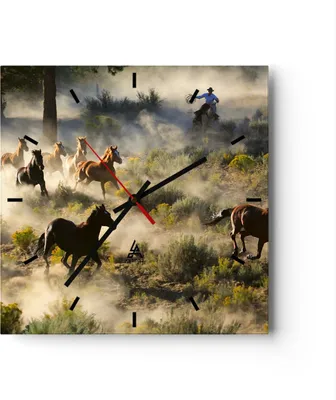 Produktbild von Wanduhr - Quadrat - Glasuhr - Cowboy Cowgirl Pferd - 40x40cm - Schleichendes Uhrwerk - Lautlos - zum Aufhängen bereit - Dekoration Modern - Wanddekoration aus Glas - C3AC40x40-2201