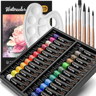 Productafbeelding van Aquarelverfset, professionele verfbenodigdheden, 24 buisjes waterverfverf, 8 synthetische eekhoornborstels, 25 papieren blokken, palet