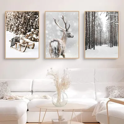 Produktbild von Troysinc Premium Poster -Set, Winterbilder, Elch, Holzhaus, Waldwandkunst -Leinwand druckt Wohnzimmer Moderne Dekoration ohne Rahmen (B, 30 x 40 cm)